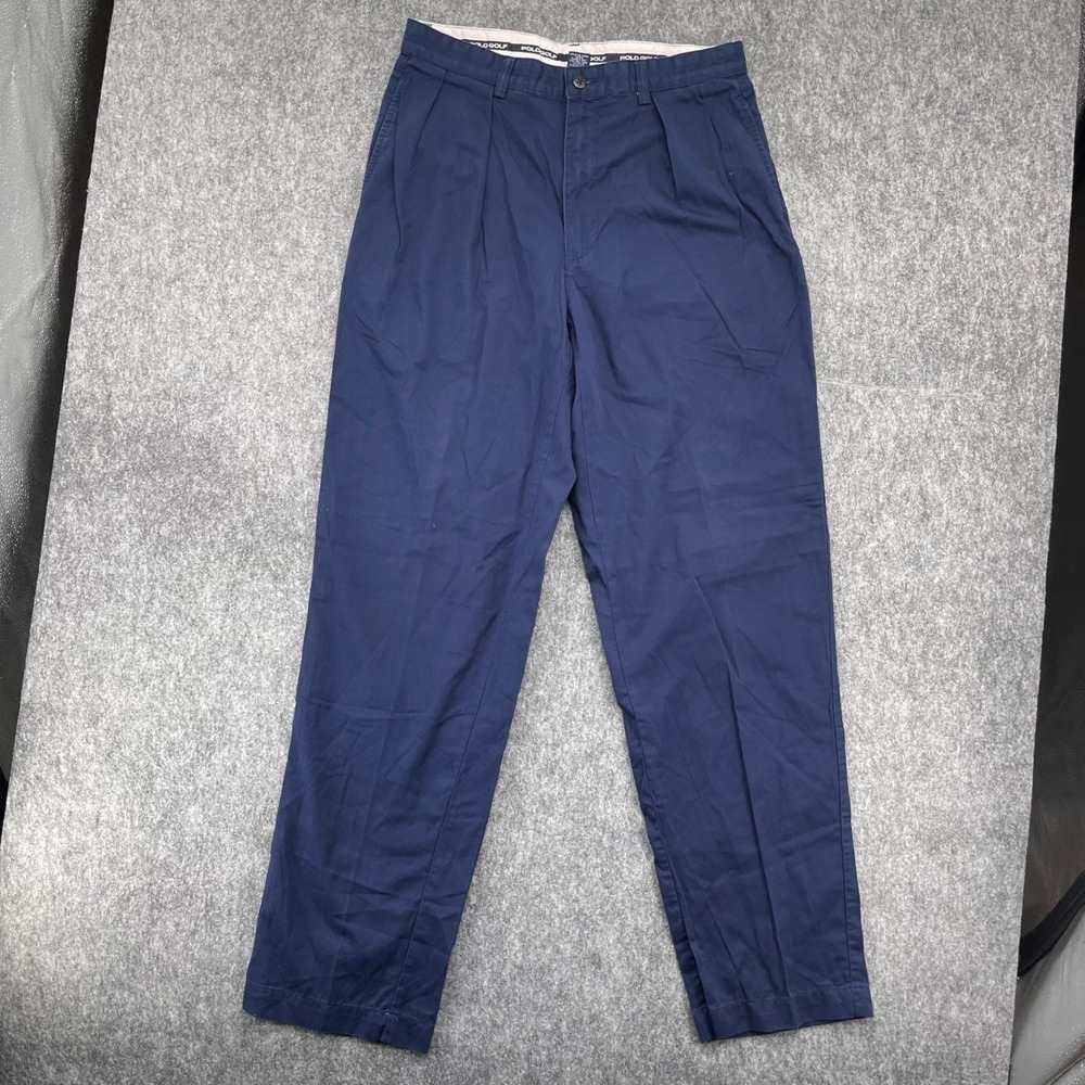 Polo Golf Ralph Lauren Pants Mens 31x32 Blue Pleated Cotton Chinos Crest Vintage